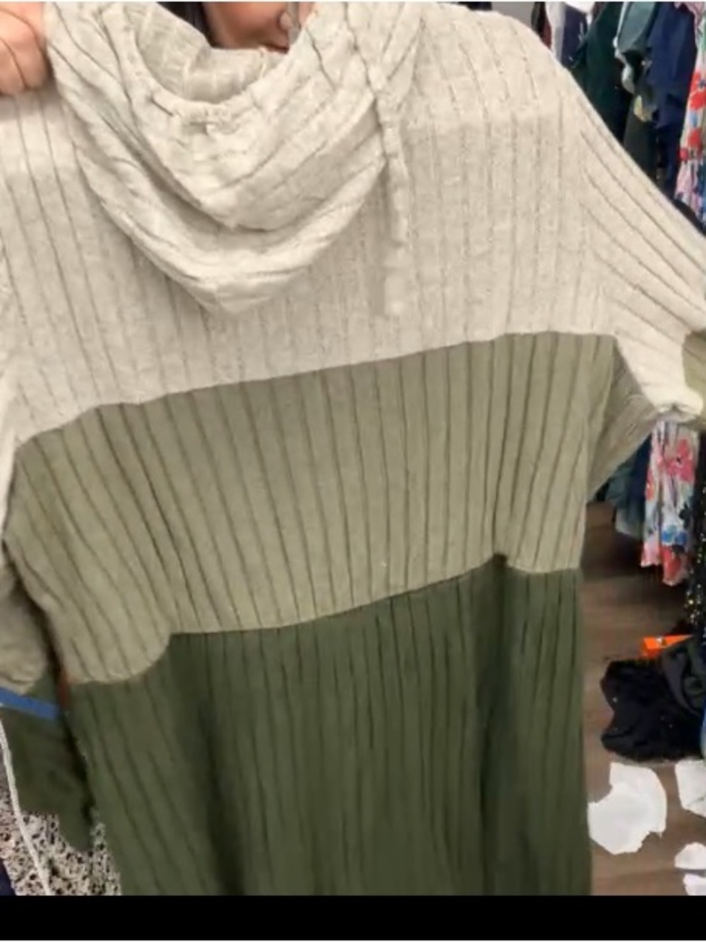 BloomChic Ribbed Hooded Sweater Dress - Beige & Olive